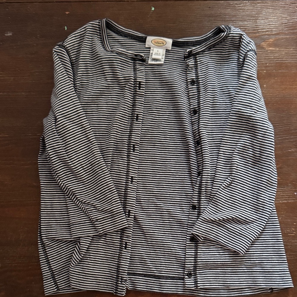 Talbots Black & White Striped Button-Front Knit Cardigan